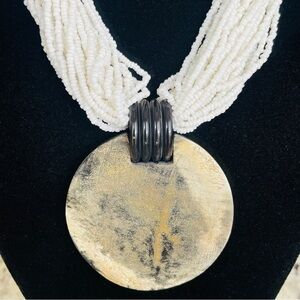 Vintge White Multi 28 Strand Torsade Seed Bead Wooden Medallion Pendant …